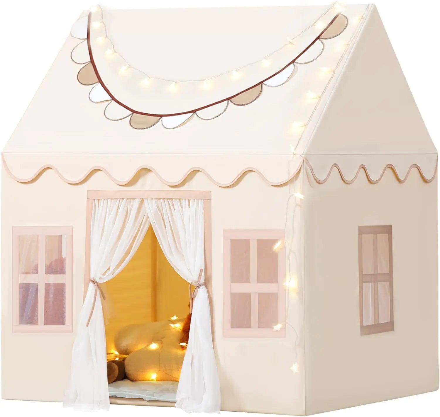 Children's play tent with fairy lights and curtains on a white background