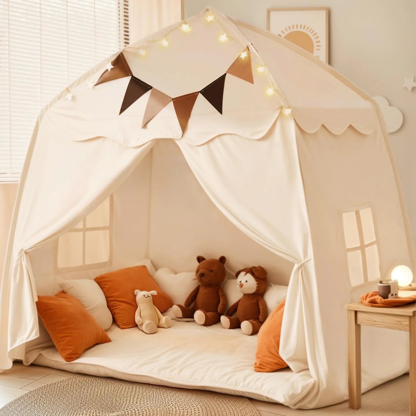 Children's play tent with plush toys and decorative lights in a room.